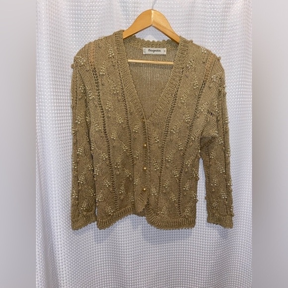 Women’s MAGNOLIA tan vintage pearls beaded knitted cardigan pearls Size small - Picture 3 of 12